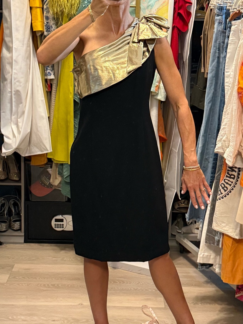 Vintage One-Shoulder Black Dress with Gold Lame Bow Accent
